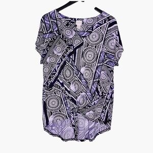 Chicos Short Sleeve Tie Front Top Round Neck High Low Hem Blue XL